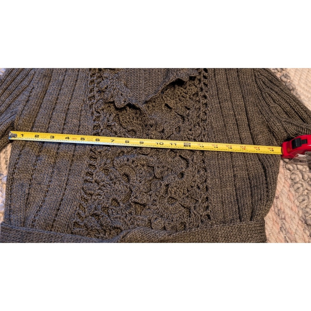 KESSLEY Brown Ribbed Knit Crochet Lace Trim Belted Cardigan Sweater S/M boho - Picture 8 of 9